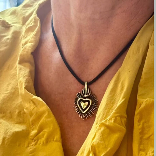 Bronze Sacred Heart Pendant on Suede Cord