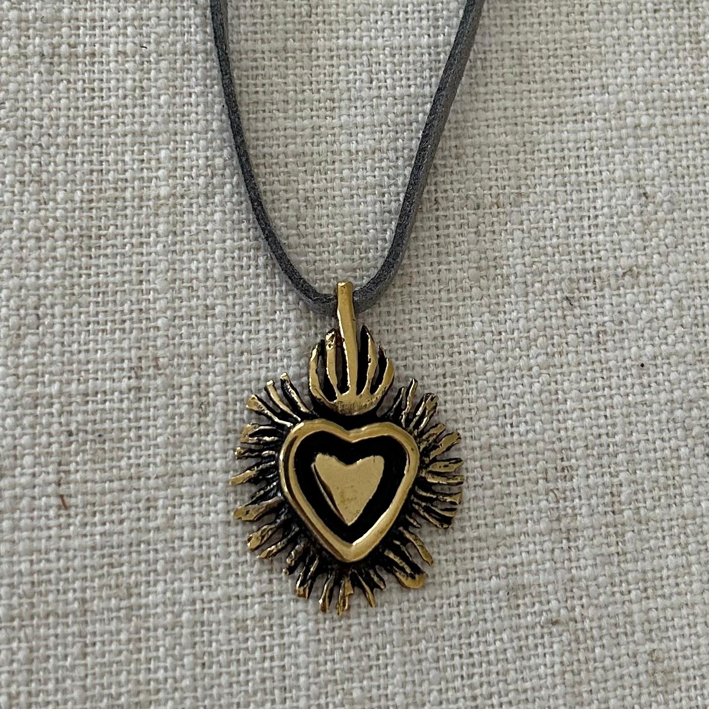 Bronze Sacred Heart Pendant on Suede Cord