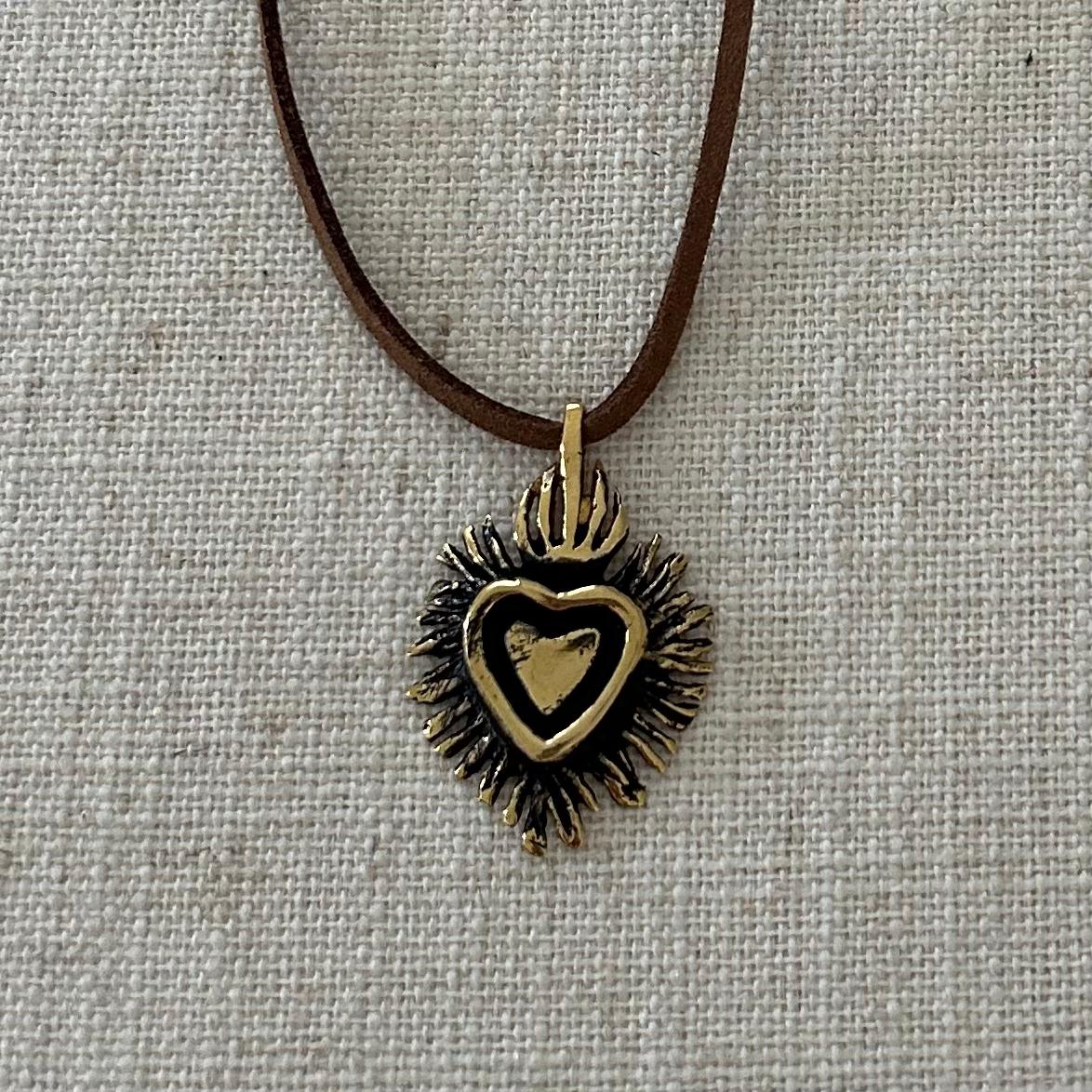 Bronze Sacred Heart Pendant on Suede Cord