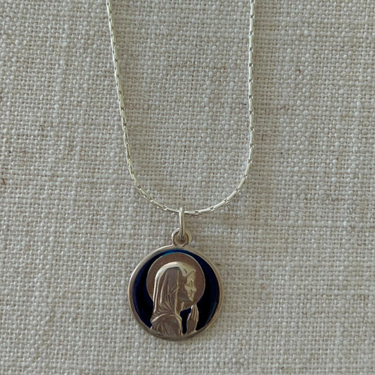 Child Mary with blue enamel medal with silver chain