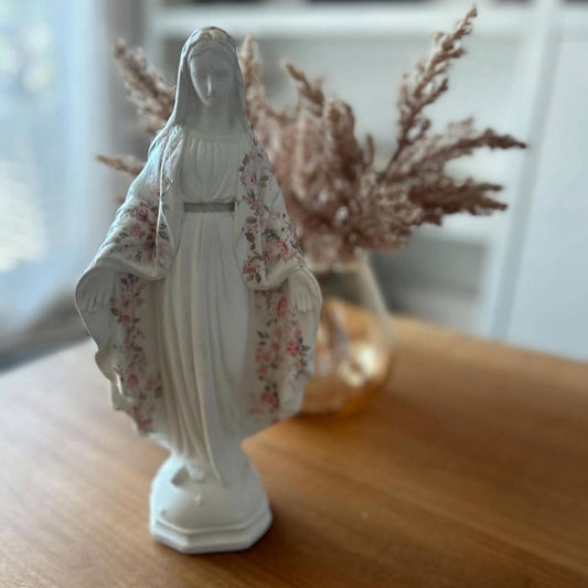 Miraculous Medal Virgin with pink flowers -large